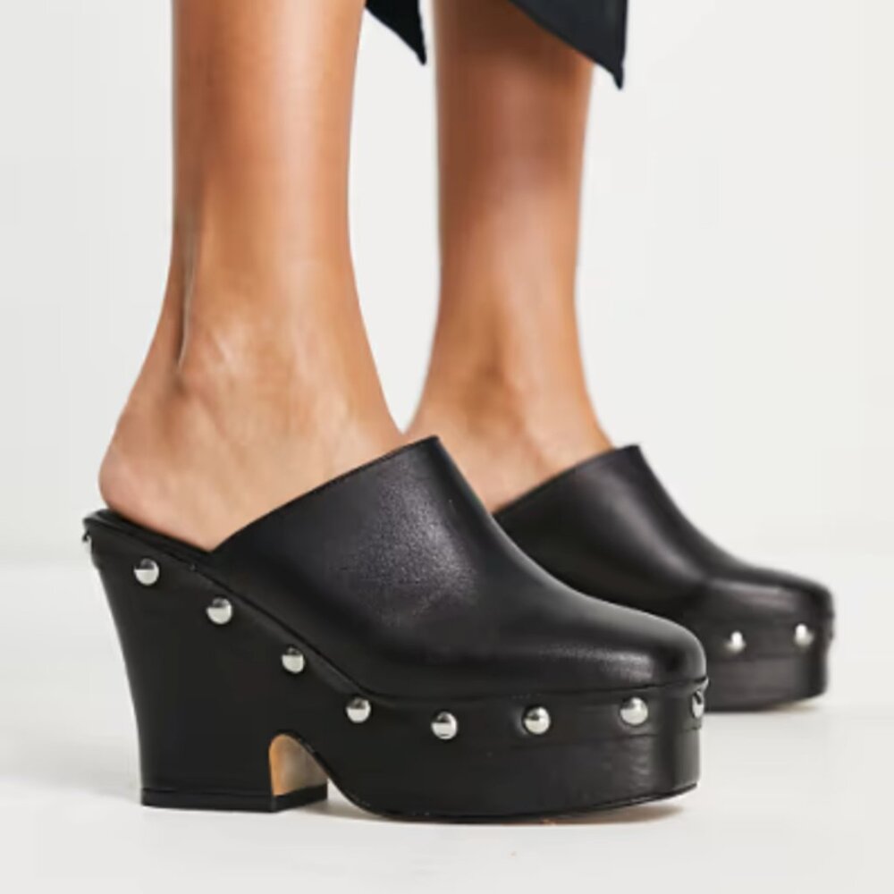 Topshop Rowan black leather heeled stud clogs - SIZE 8 / SIZE 7